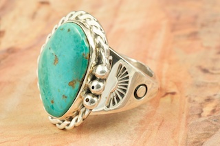 Genuine Pilot Mountain Turquoise set in Sterling Silver Ring. The Pilot Mountain Mine is located in Esmeralda County, Nevada. Created by Navajo Artist Tony Garcia. Signed by the artist.